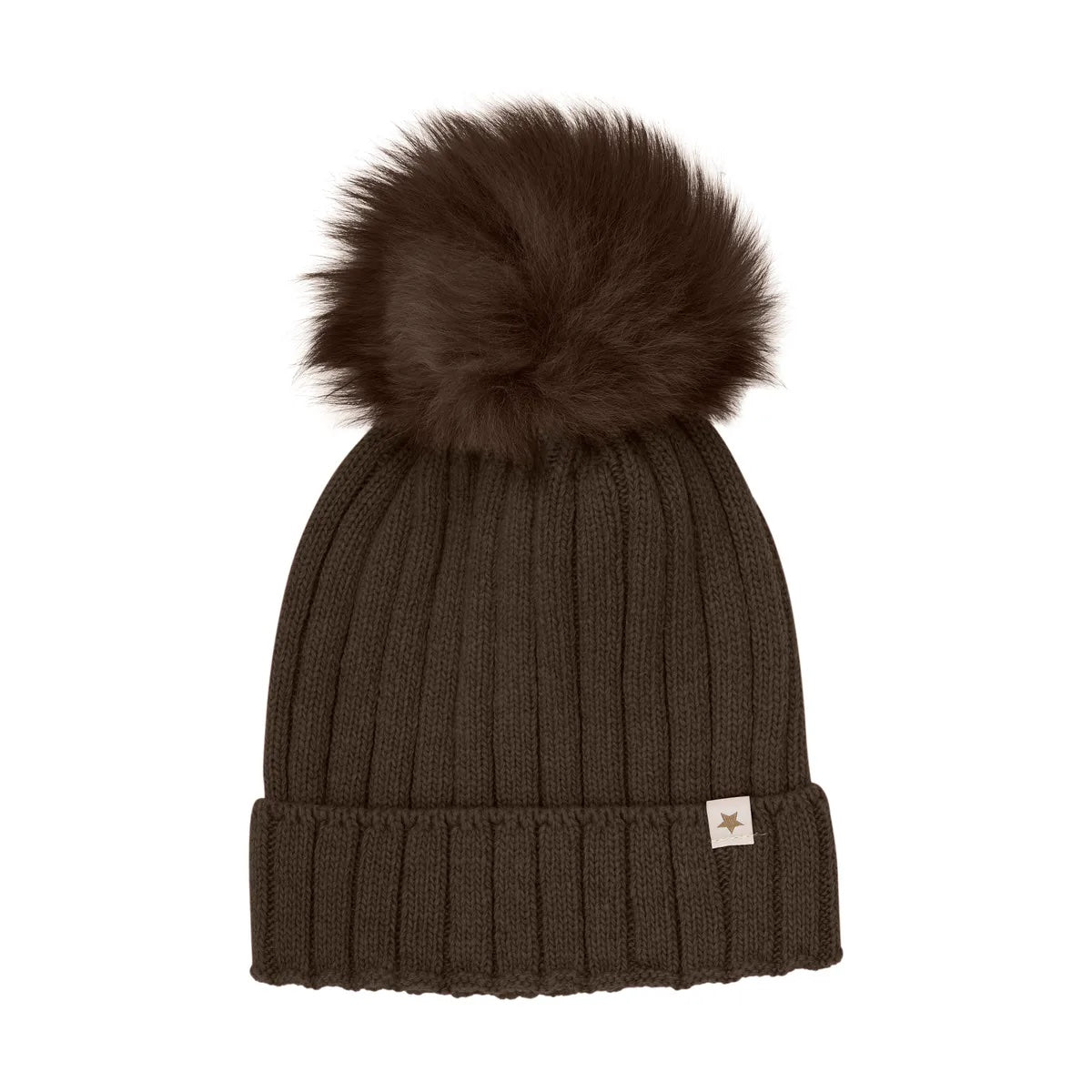 Hat Knit Alpaca Pompom Brown Melange