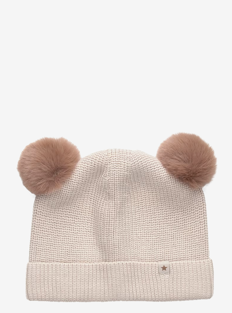 Beanie Wool Knit Pompoms Sand Melange