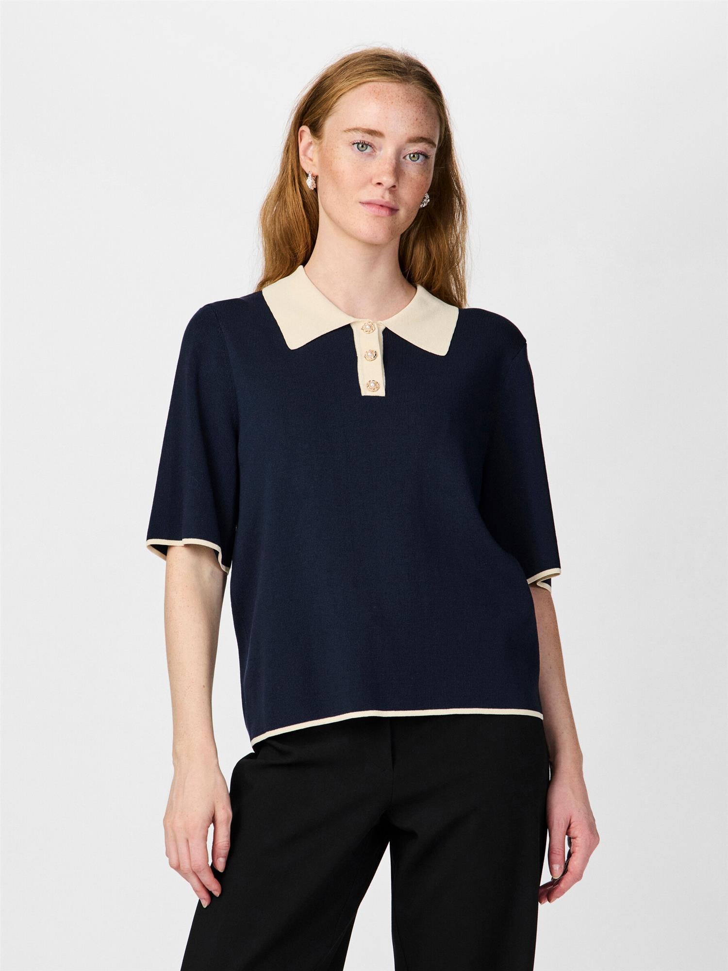 YASMILLE Knit Pullover Navy Blazer Gardenia Collar