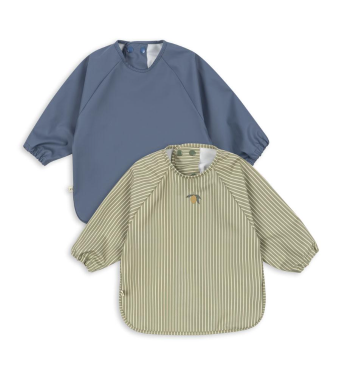 2 Pack Dinner Bib With Sleeves Tea Stripe/Flint Stone