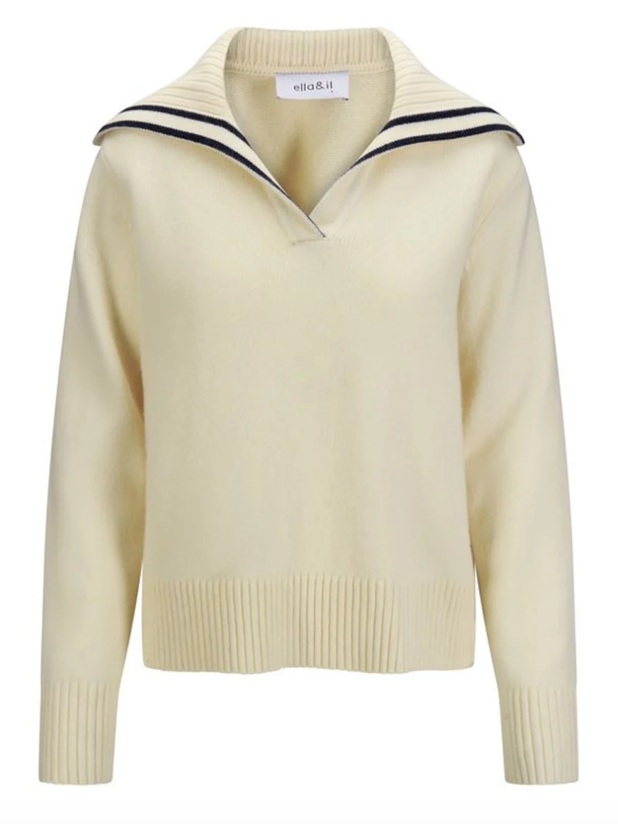 Oceana Merino Sweater White Navy Contrast