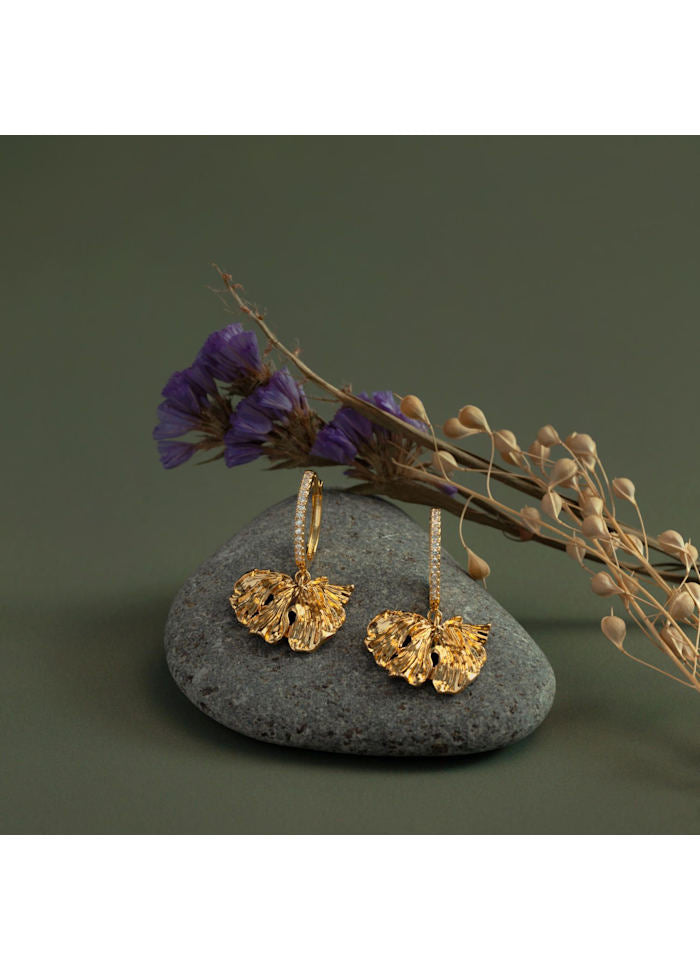 Molten Leaf Charm Pave Hoop Earrings