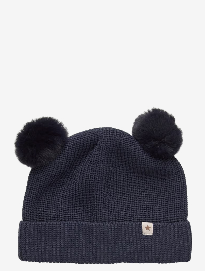 Beanie Wool Knit Pompoms Dark Navy