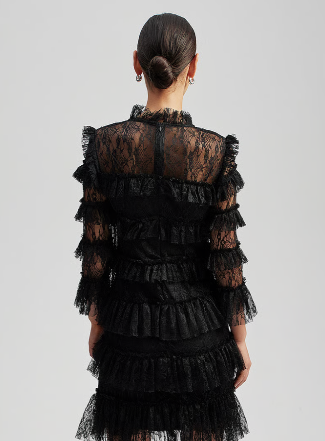 Carmine Frill Mini Lace Dress Black