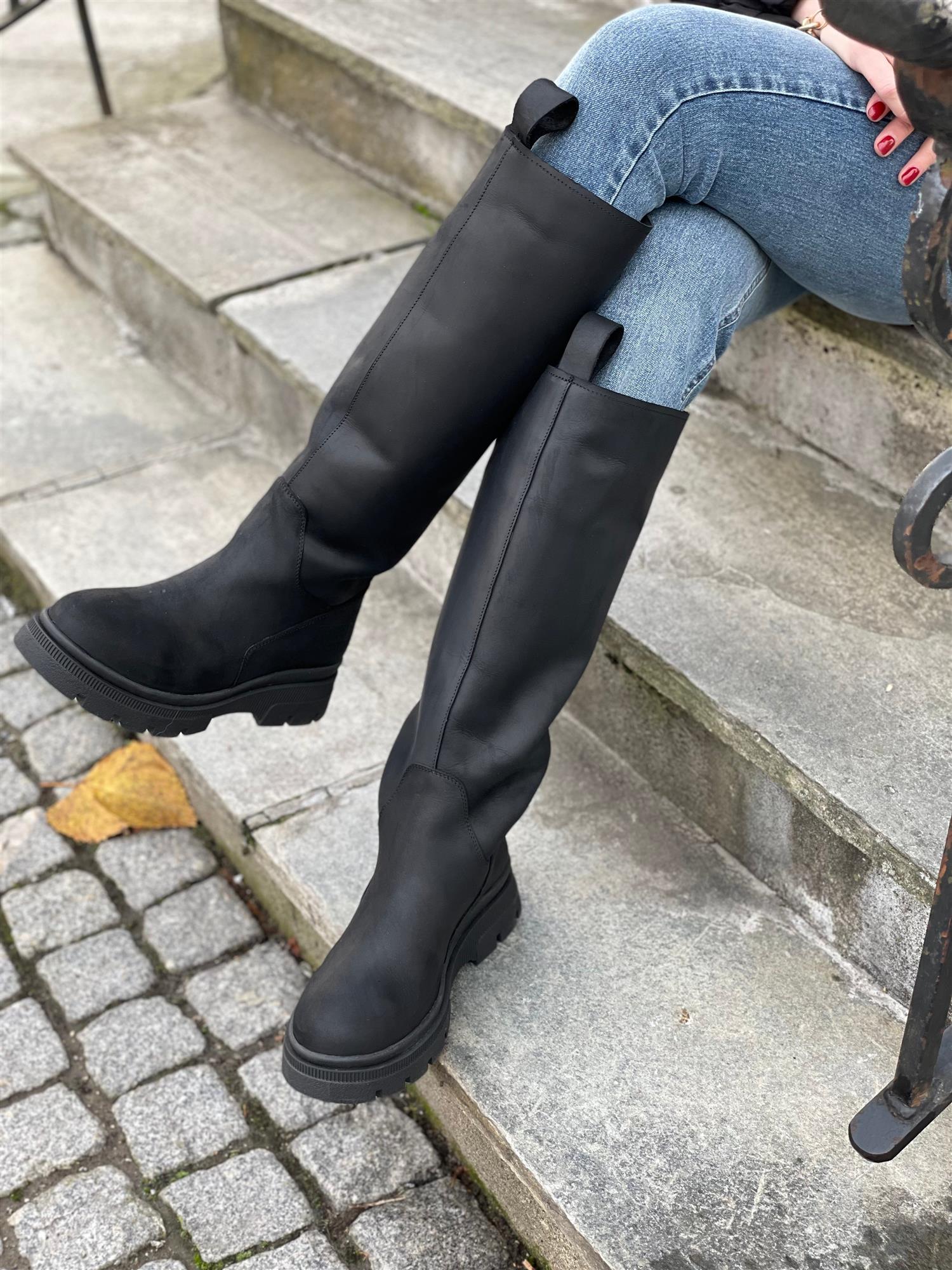 High Leather Boots New Black