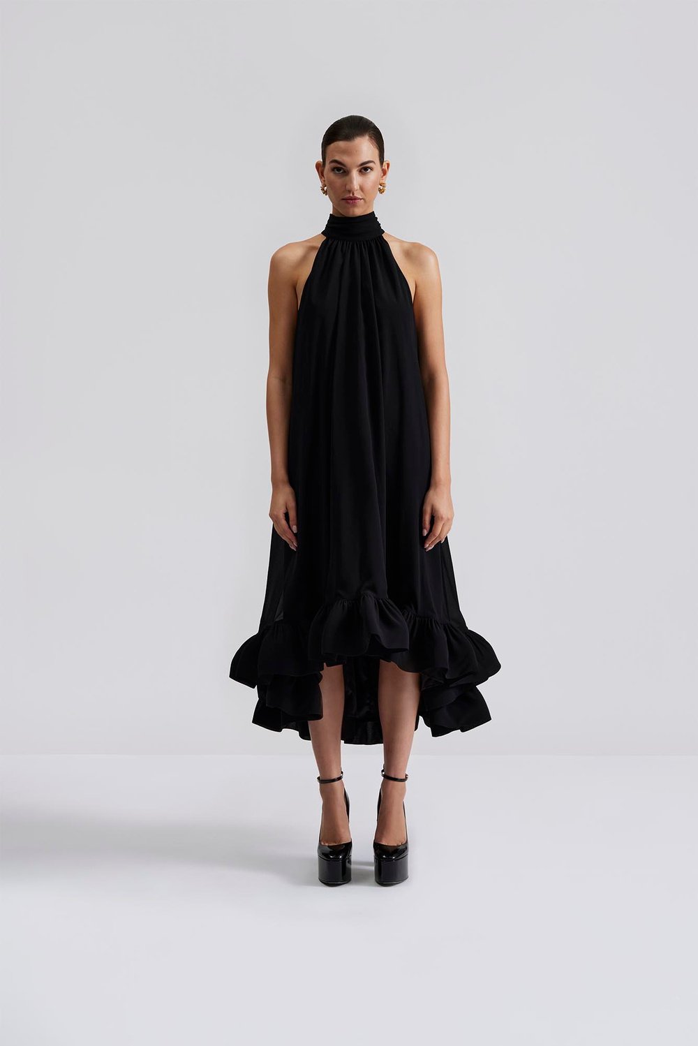 Sabrina Halterneck Ruffled Maxi Dress Black