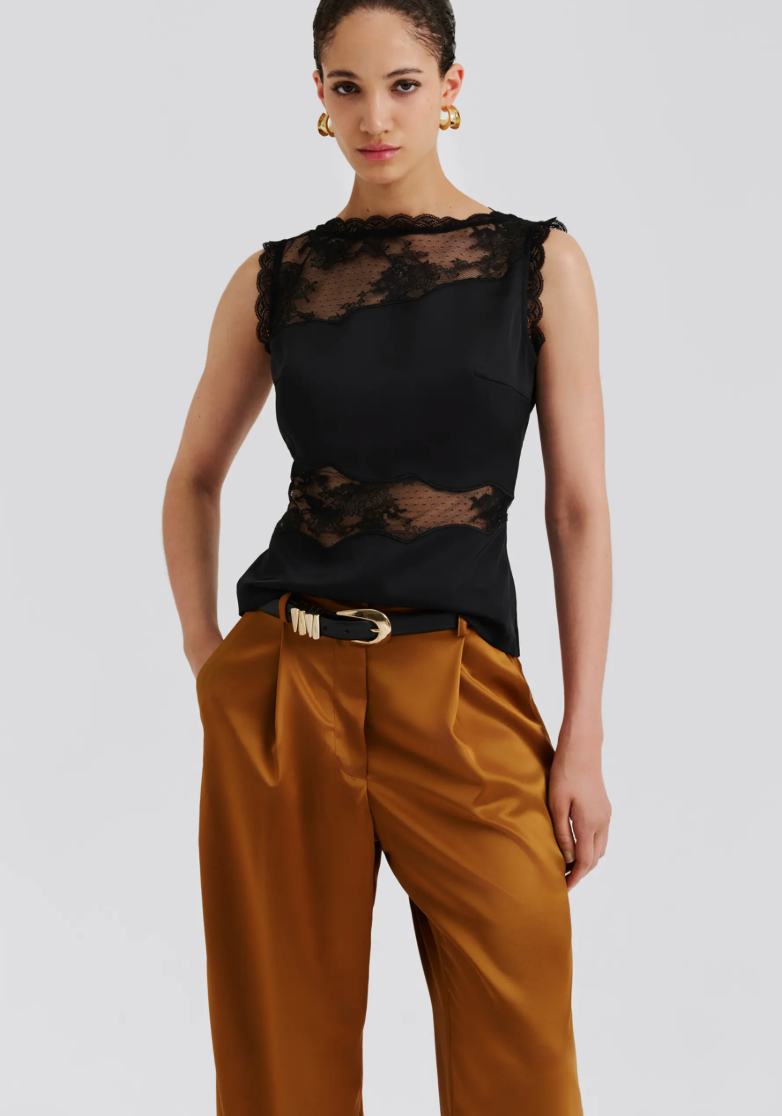 Desire Lace Trimmed Cut Out Top Black