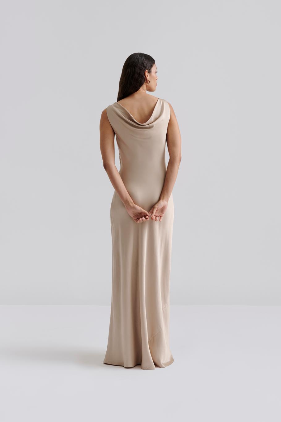 Leah Cowl Satin Maxi Dress Beige