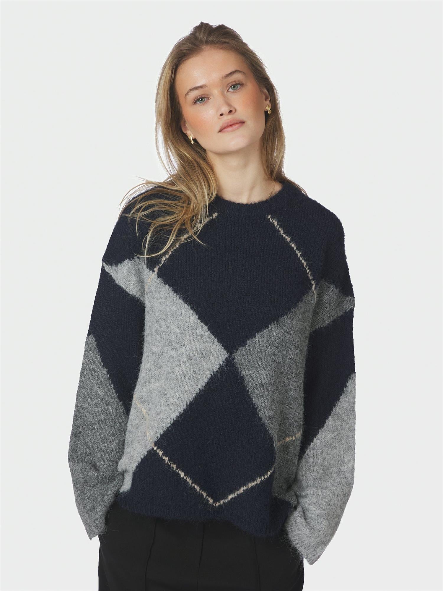 Inga Check Fluff Knit Blouse Navy