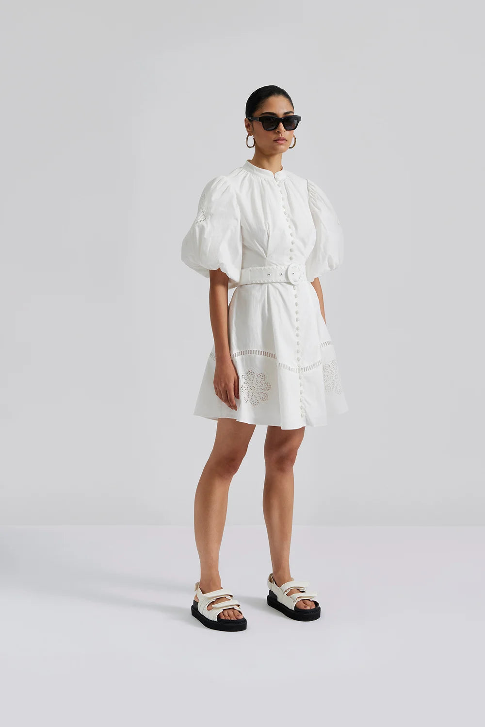Allie Pouf Sleeve Embroidered Mini Dress White