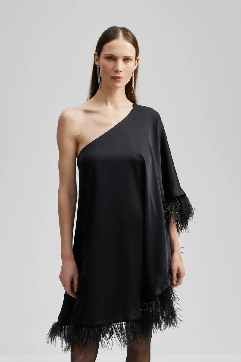Andrea One-Shoulder Feather Mini Dress Black