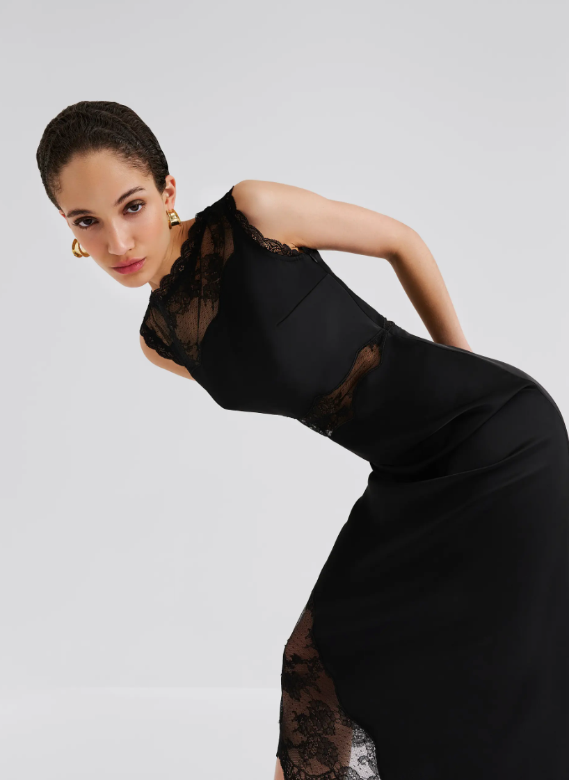 Desire Lace Trimmed Cut Out Midi Dress Black