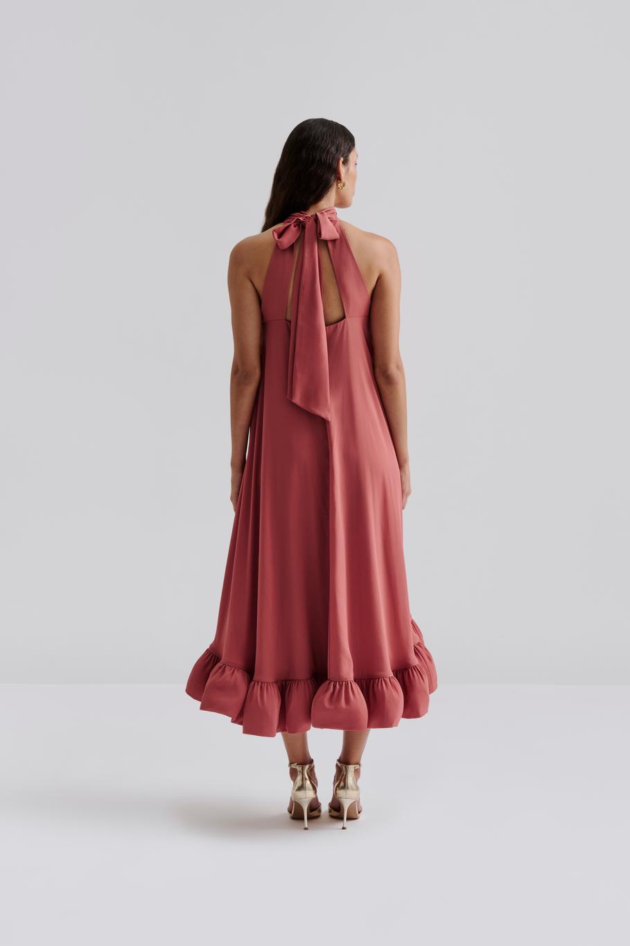 Sabrina Halterneck Ruffled Maxi Dress Terracotta