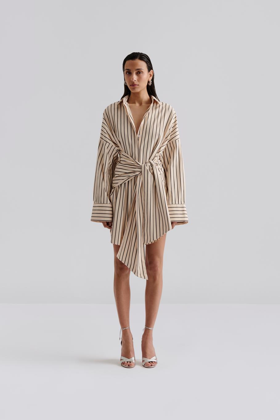 Althea Tie Up Shirt Dress Black Stripe