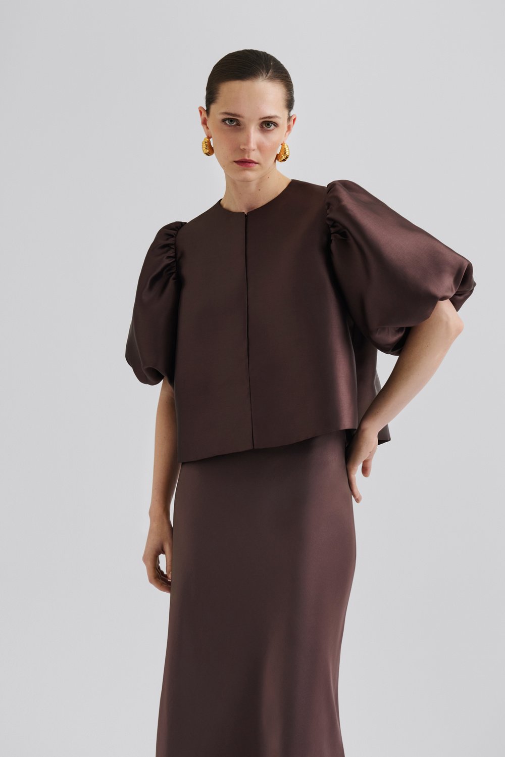 Cleo Pouf Sleeve Blouse Chocolate