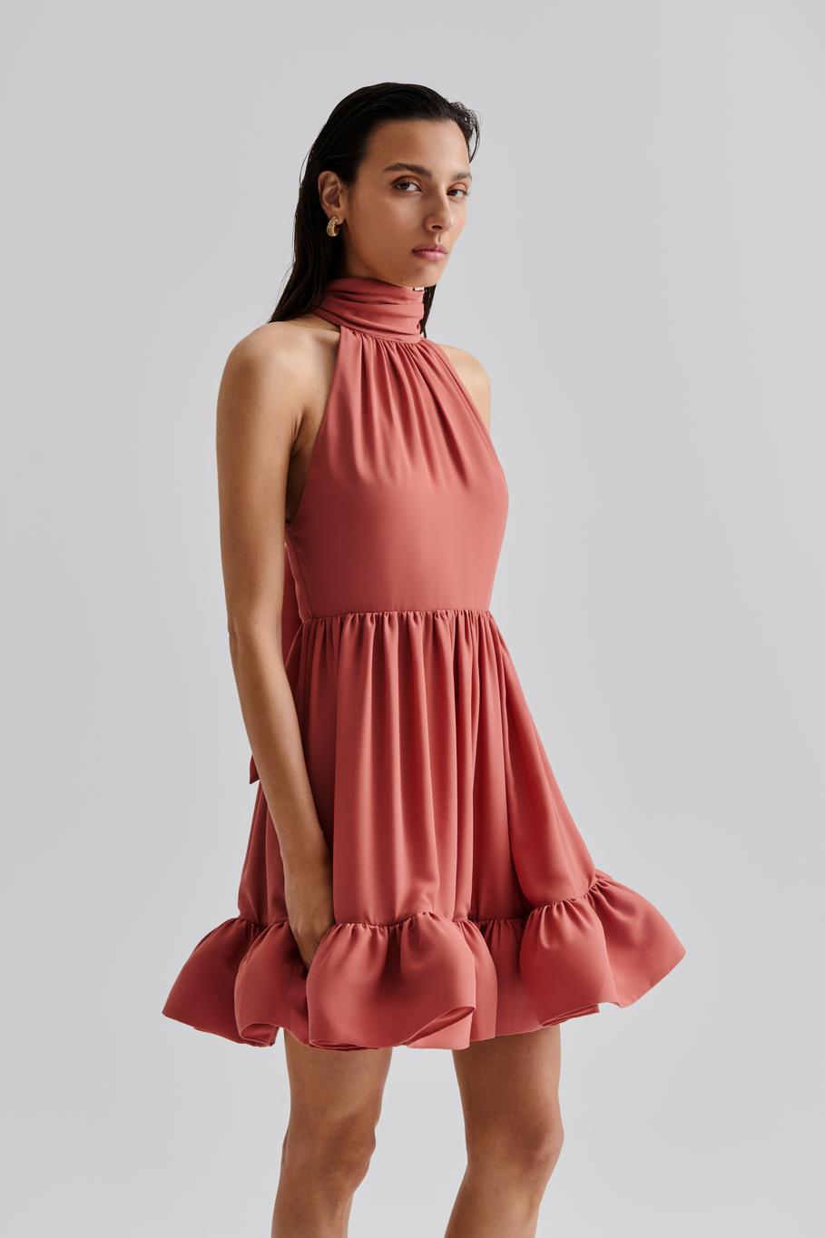 Fern Halterneck Ruffled Mini Dress Terracotta