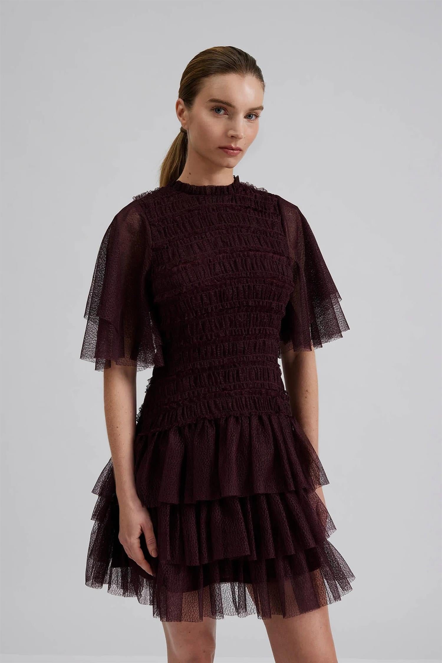 Minnie Short Sleeve Lace Mini Dress Plum