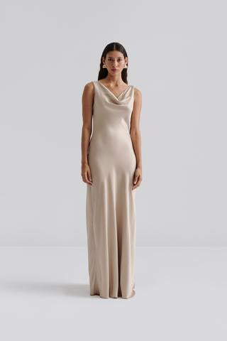 Leah Cowl Satin Maxi Dress Beige