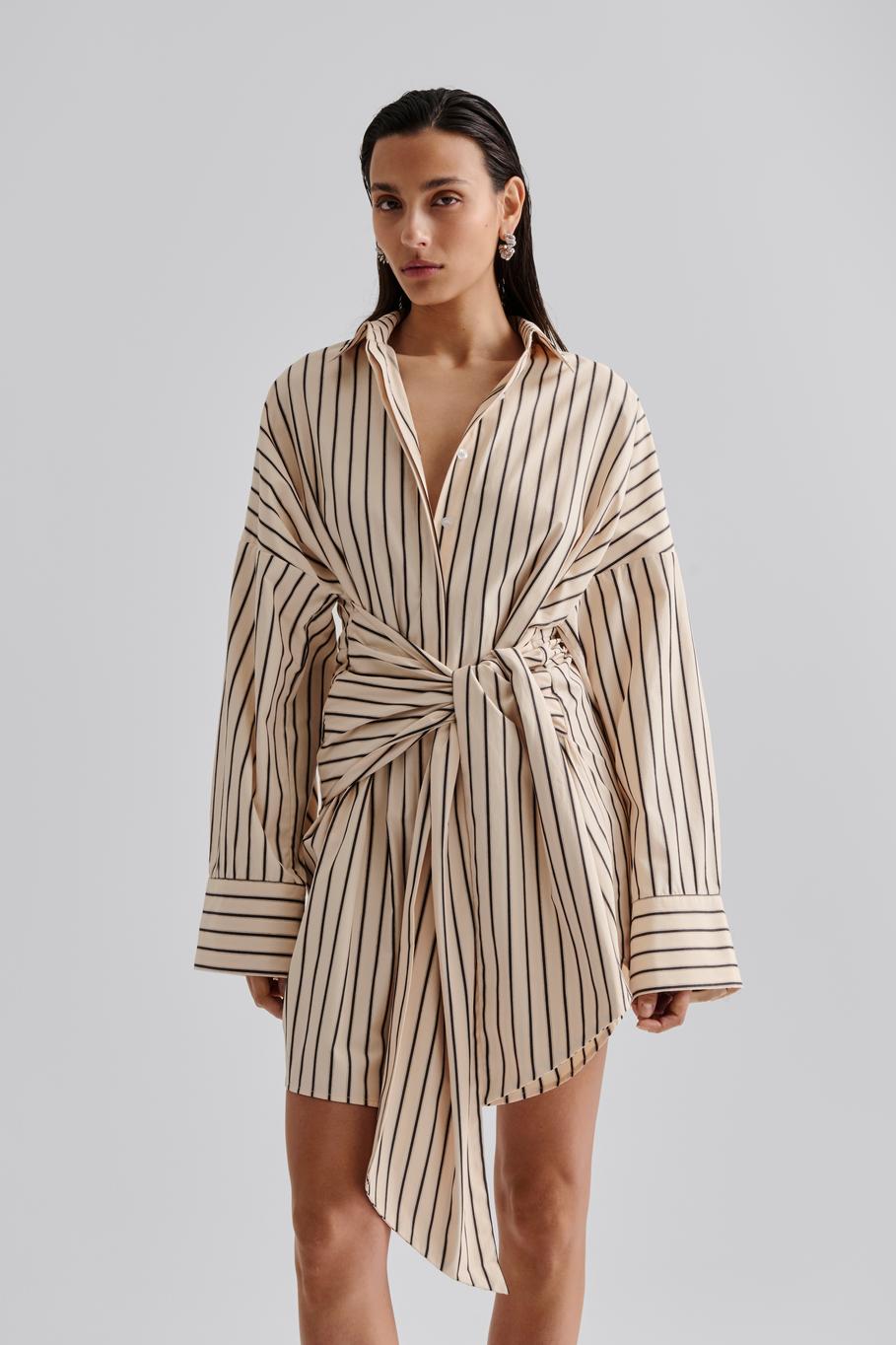 Althea Tie Up Shirt Dress Black Stripe