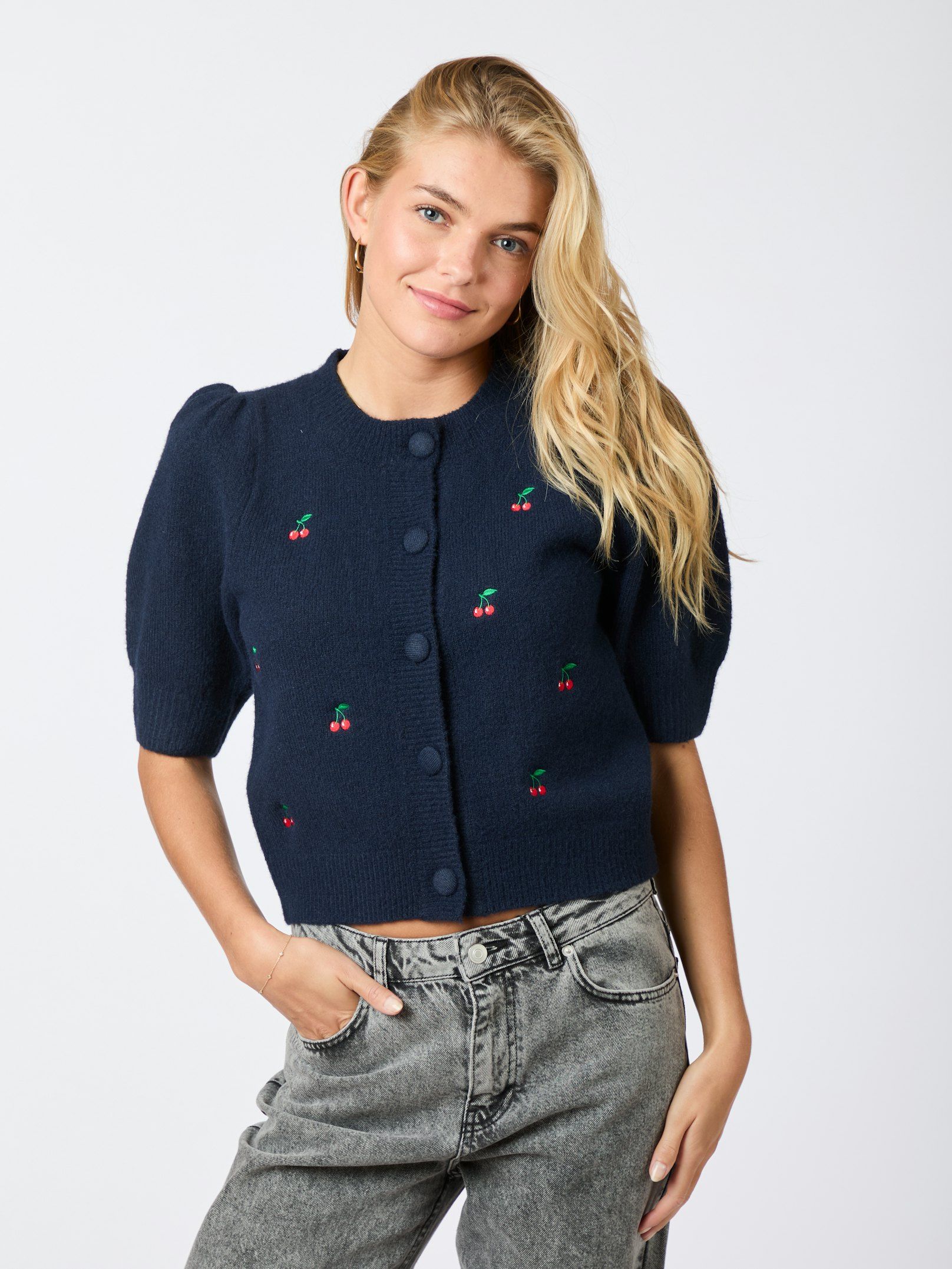 Trudy Embroidery Knit Cardigan Navy