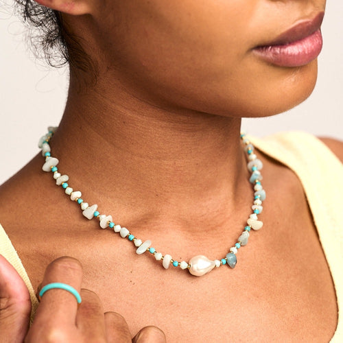 Turquoise Chip & Stationed Pearl Necklace