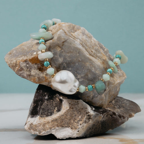 Turquoise Chip & Stationed Pearl Necklace