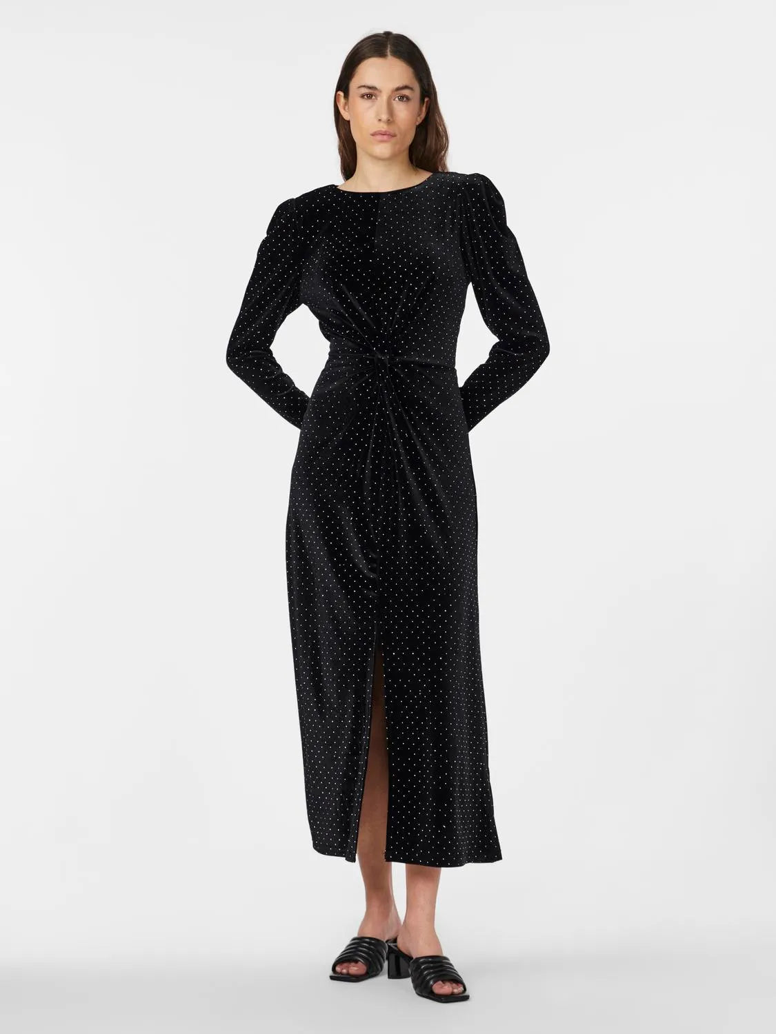 YASHELLA Velour Midi Dress Black Rhinestone