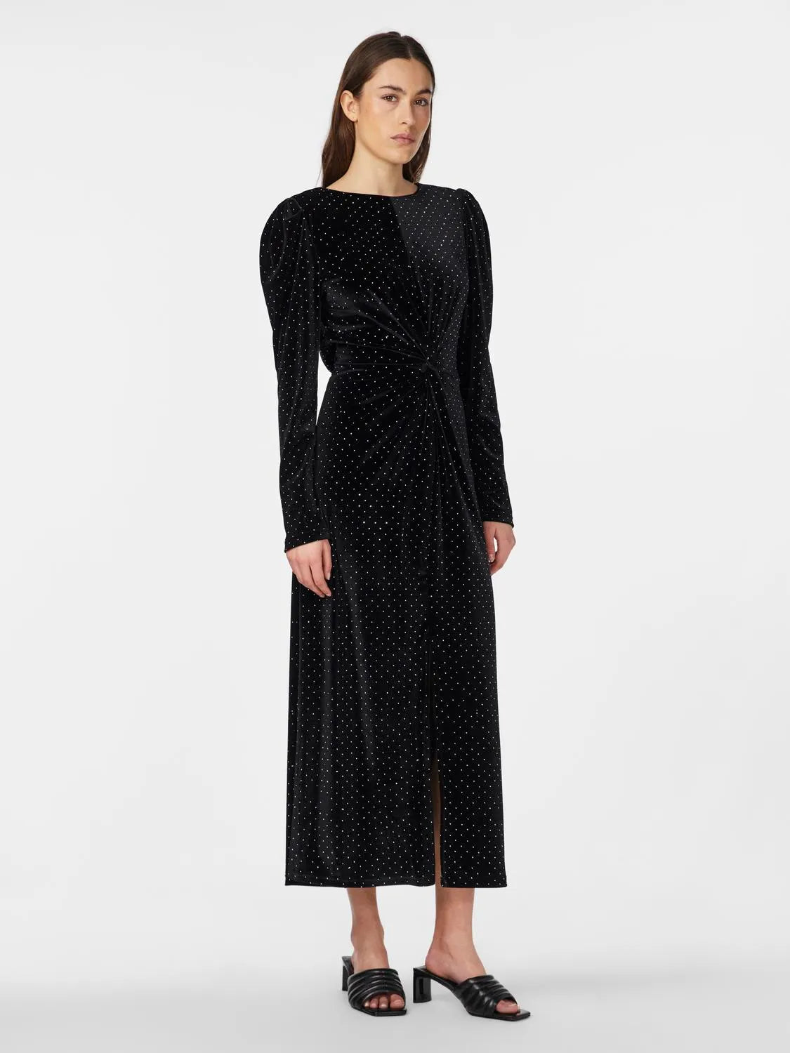 YASHELLA Velour Midi Dress Black Rhinestone