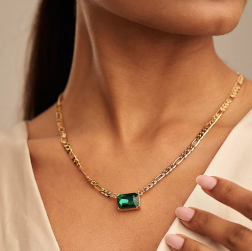 Statement Emerald Gem Figaro Chain Necklace