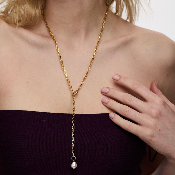 Pearl Drop Chain Laviat Necklace